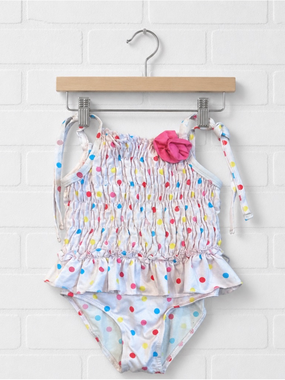 White Multicolor Polka Dot Girls' One-Piece Swimsuit with Pink Flower